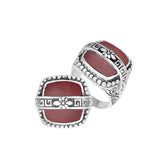 Sterling Silver Red Coral Rectangular Statement Ring With Floral Artistic Design